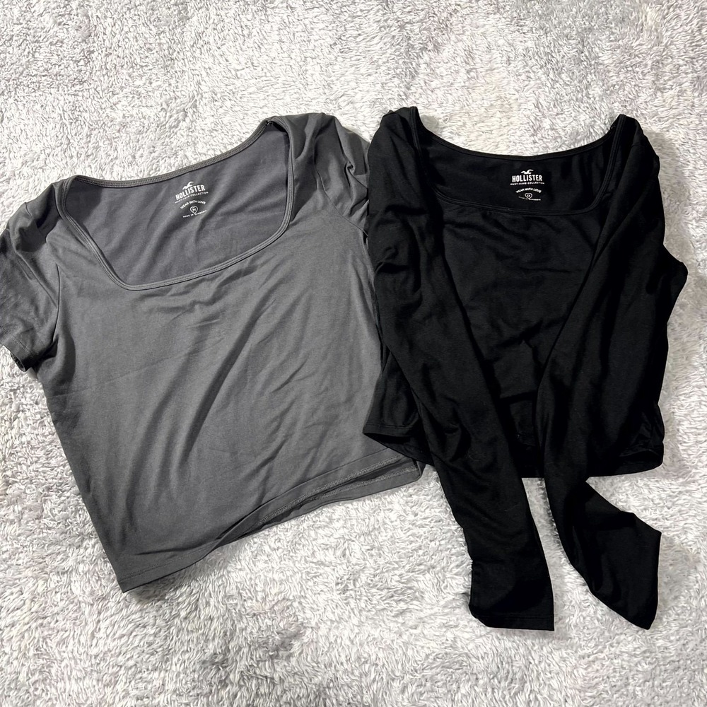 Hollister Wear With Love Cropped Top Womens M Gray Black Square Neck Lot of 2